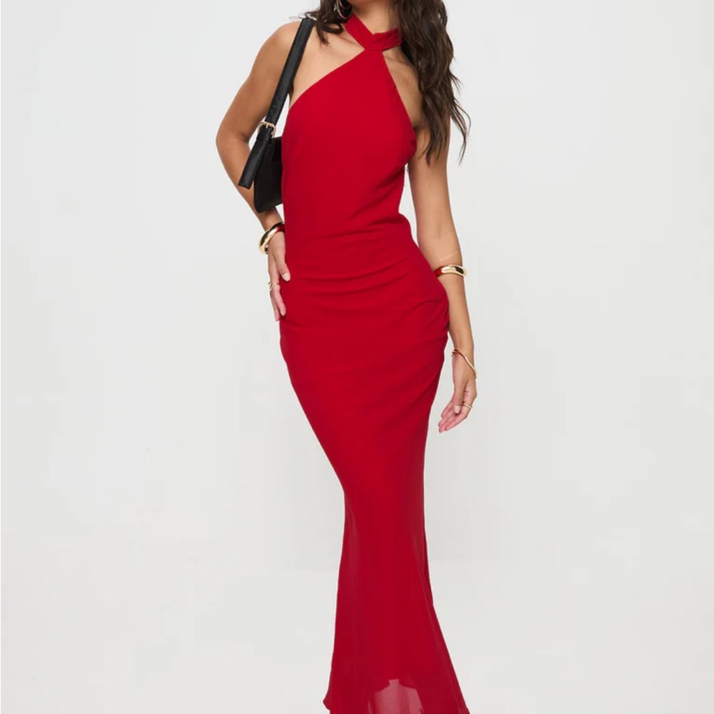 Abriela Red Maxi Bodycon Dress with Asymmetrical Design and Halter Neckline